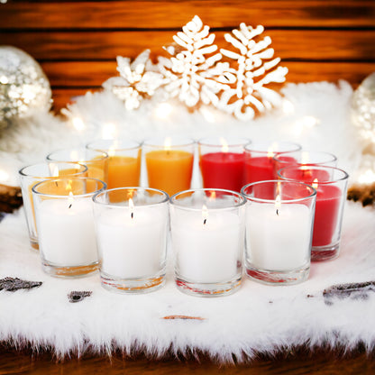 Set of 12 Unscented Clear Glass Filled Colored Votive Candles