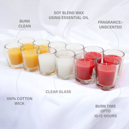 Set of 12 Unscented Clear Glass Filled Colored Votive Candles