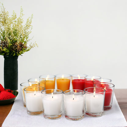 Set of 12 Unscented Clear Glass Filled Colored Votive Candles