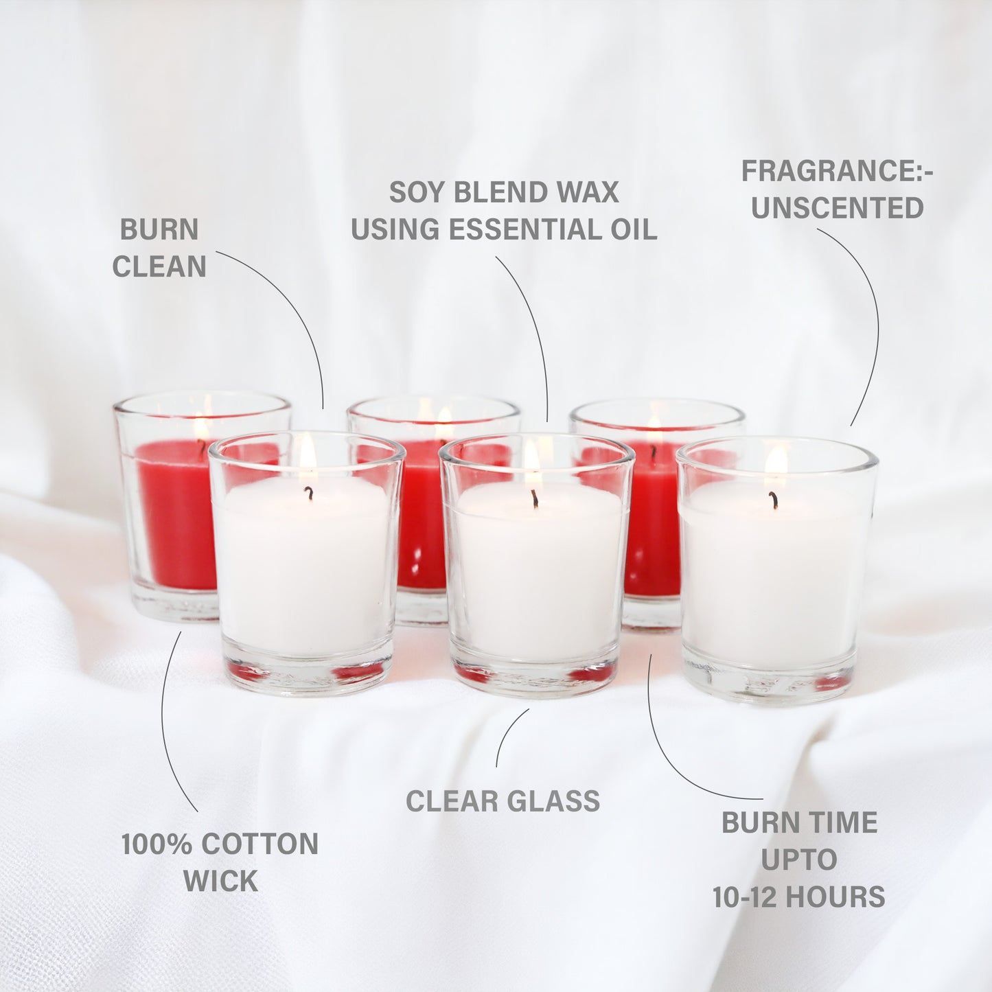 Set of 6 Unscented Clear Glass Filled Colored Votive Candles