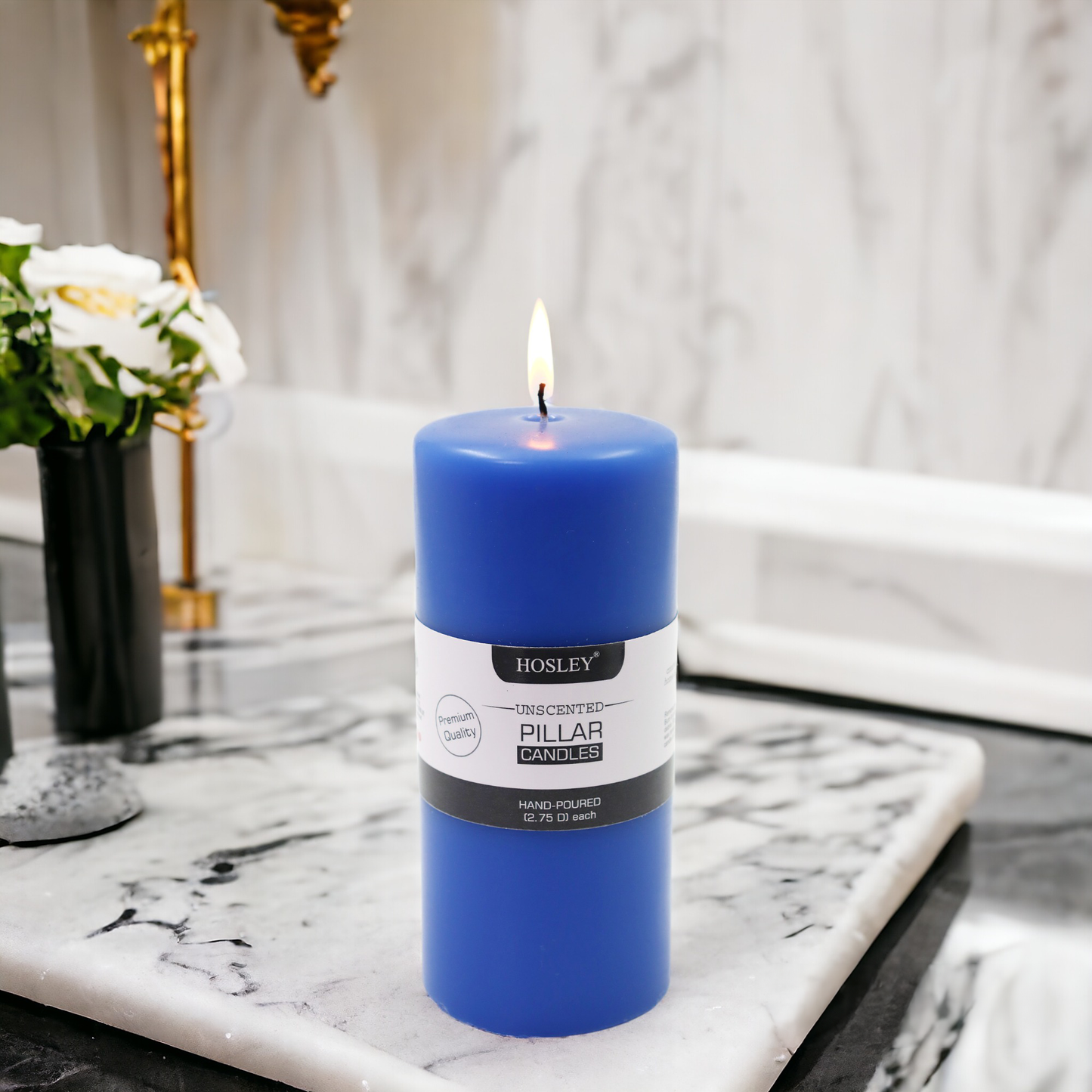 6 Inch Long Blue Pillar Unscented Candle