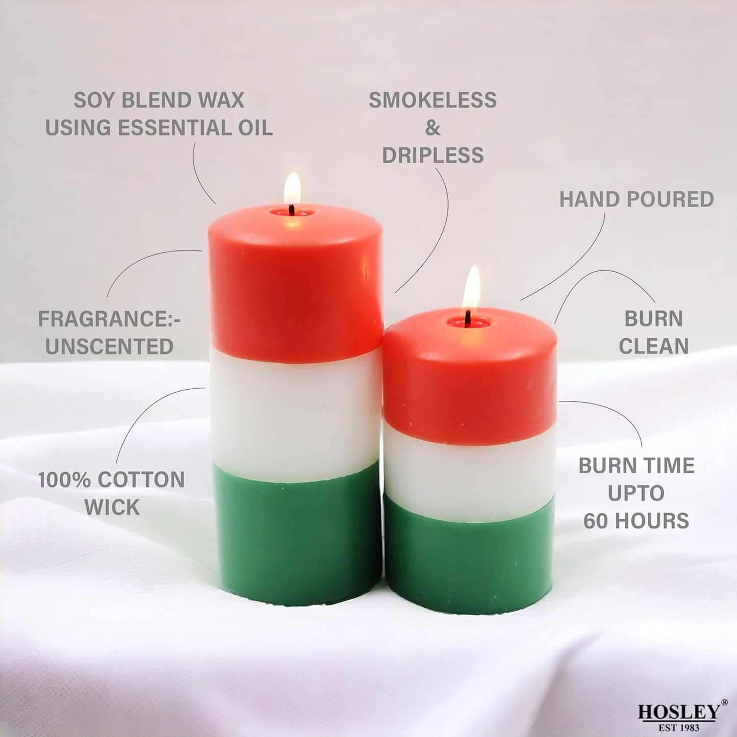 Hosley Tri-Color Unscented Pillar Candles (Pack of 2, 4 Inch & 6 Inch)