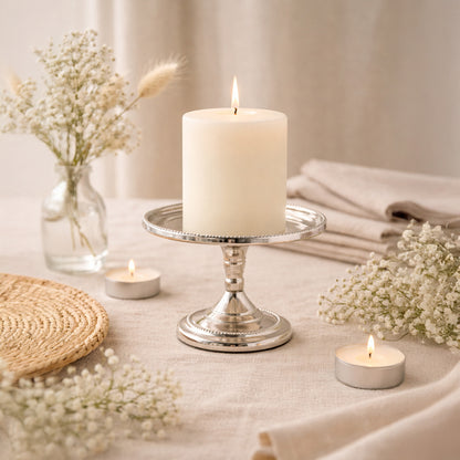 Hosley Metal Pillar Candle Holders with 3inch White Pillar Candle, Candle Stands Home Decoration ideal Gift for Weddings Bridal Party Spa Reiki Meditation Votive LED Pillar Candle Gardens Pack of 2