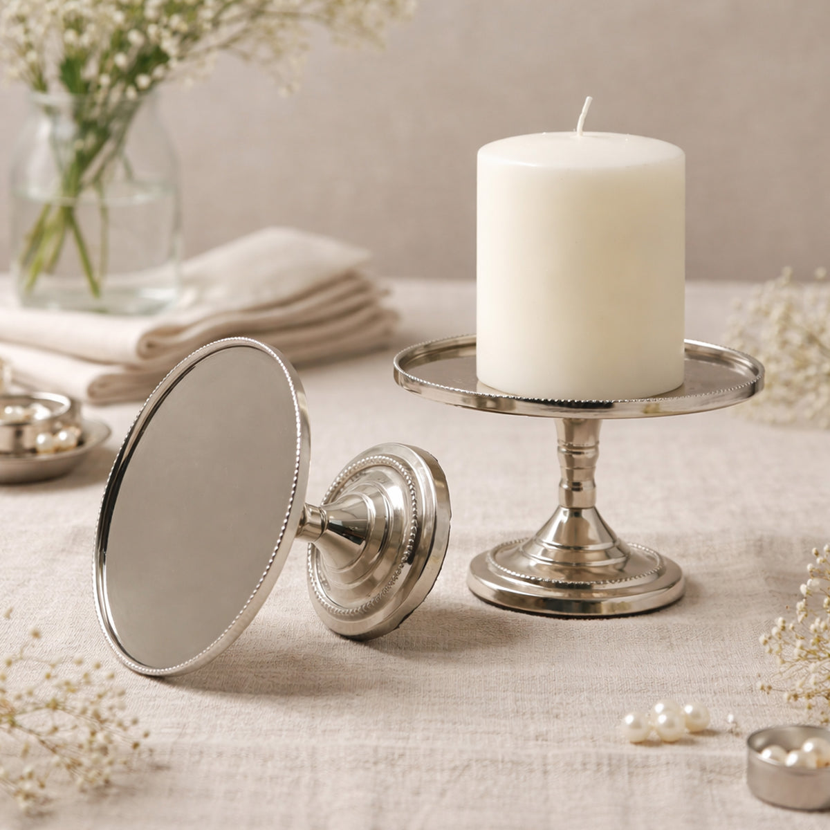 Hosley Metal Pillar Candle Holders with 3inch White Pillar Candle, Candle Stands Home Decoration ideal Gift for Weddings Bridal Party Spa Reiki Meditation Votive LED Pillar Candle Gardens Pack of 2
