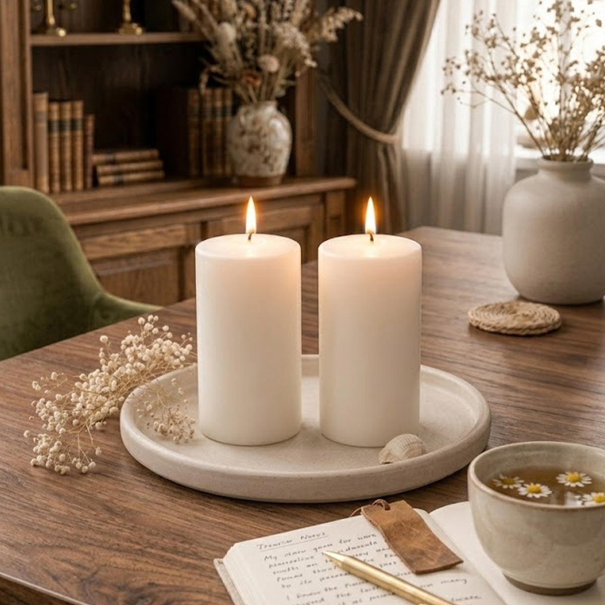 Hosley Set of 2 Pillar Candles White, Unscented, Long-Lasting Burn