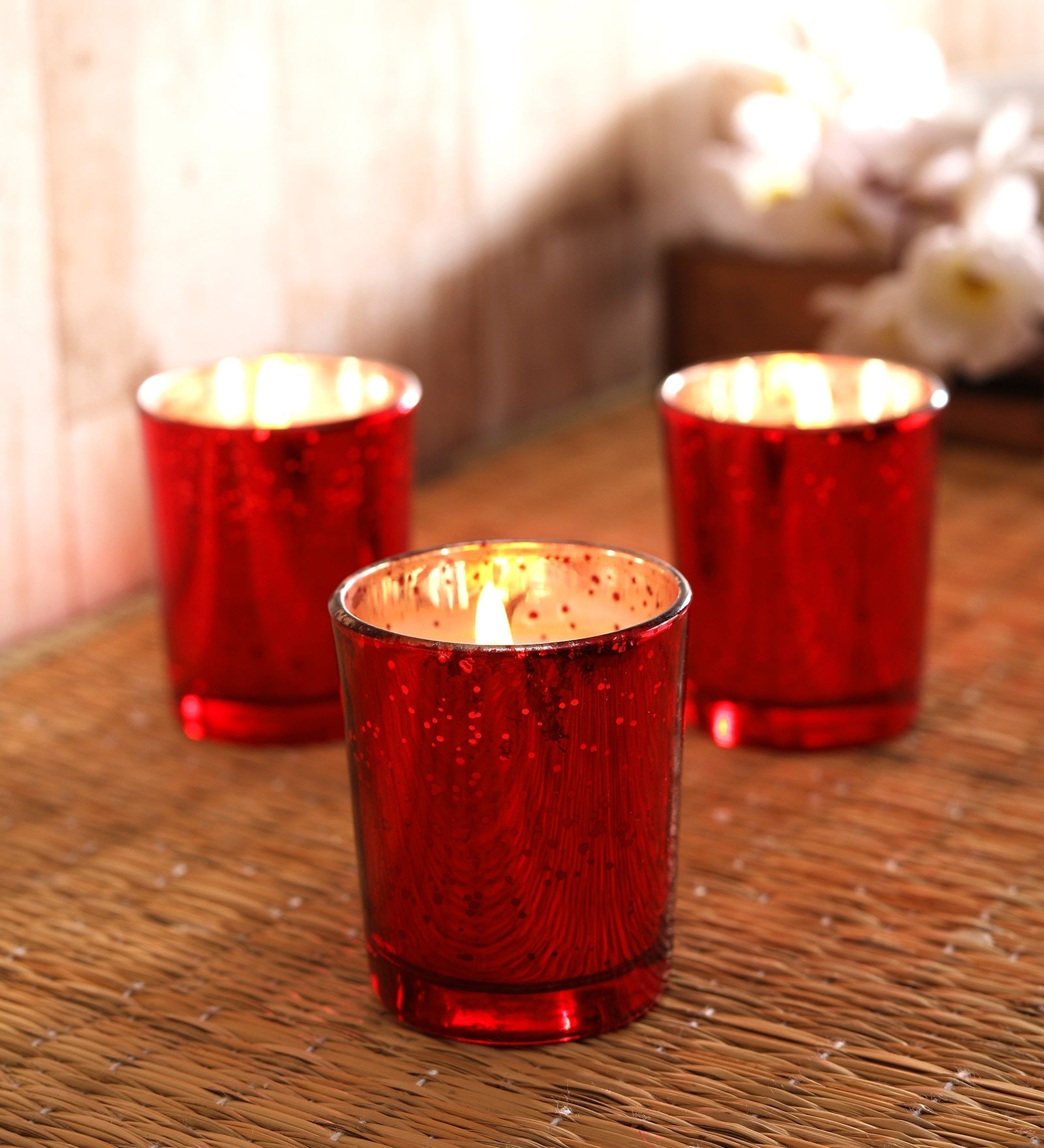 Hosley Set 3 Fragrance Metallic Red Glass Candle for Decoration