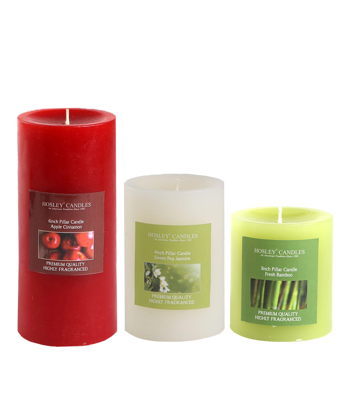 Hosley Set 3 Decorative Multicolor Highly fragranced Pillar Candle|Apple Cinamon| Sweet Pea Jasmine| Fresh Bamboo