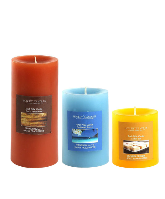 Hosley Set 3 Decorative Multicolor Highly fragranced Pillar Candle|Rustic Sandalwood| Caribbean Breeze| Lemon Bar