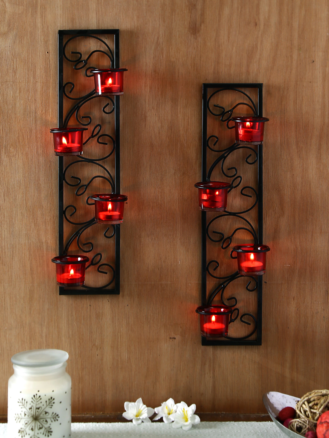 Hosley Set of 2 Decorative Wall Sconce/Candle Holder With Red Glass and Free T-light Candles  (Black Matte)