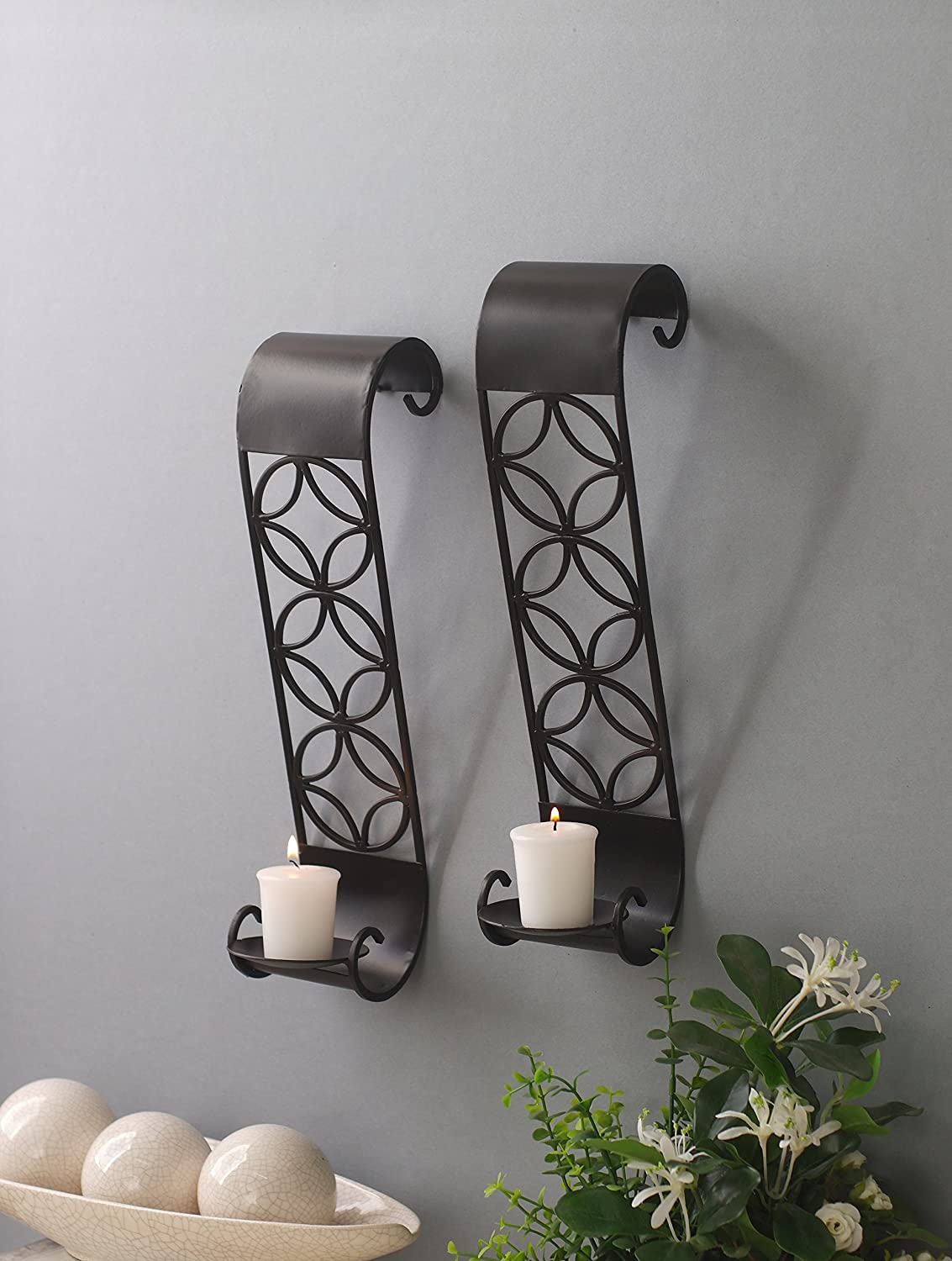 Hosley Set of 2 Wall Hanging Pillar Candle Holder Metal Wall Sconce with Pillar Candles for for Home Decoration (Set of 2)