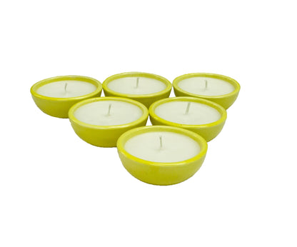 Hosley Set of 6 Sweet Pea Jasmine  Scented Ceramic Candles for Decoration /Ceramic Diyas for Diwali, Festivals, Yellow Green
