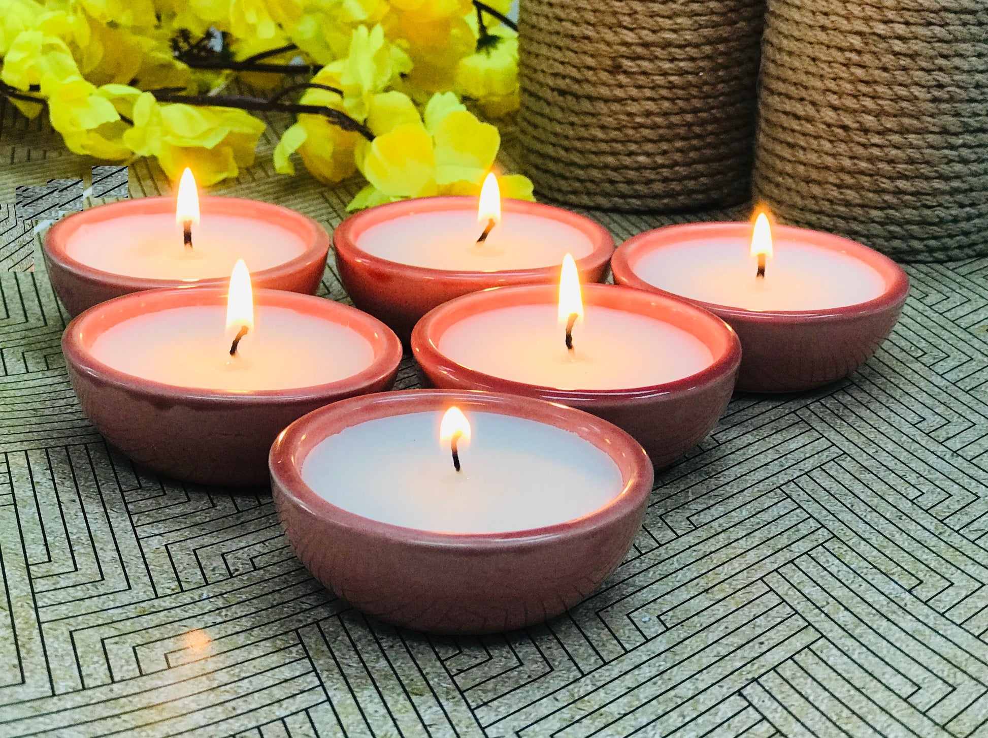Hosley Set of 6 Rose Fragrance Ceramic Candles for Decoration Jar Candles /Ceramic Diyas for Diwali, Festivals, Red Gerua