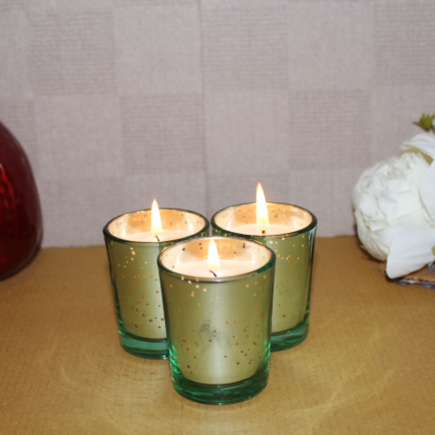 Hosley Set of 3 Sweet Pea Jasmine Fragrance Metallic Green  Glass Candle / Candles for Home Decoration