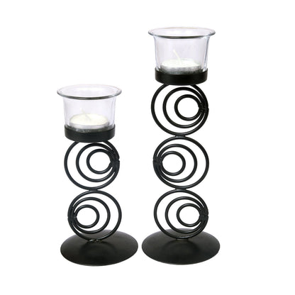 Hosley Black powdercoated Metal Candle Holders with 2 Glass for Home Decoration Dinning Table Decoration Candle Wedding Décor, Pack of 2