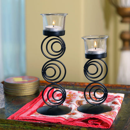 Hosley Black powdercoated Metal Candle Holders with 2 Glass for Home Decoration Dinning Table Decoration Candle Wedding Décor, Pack of 2