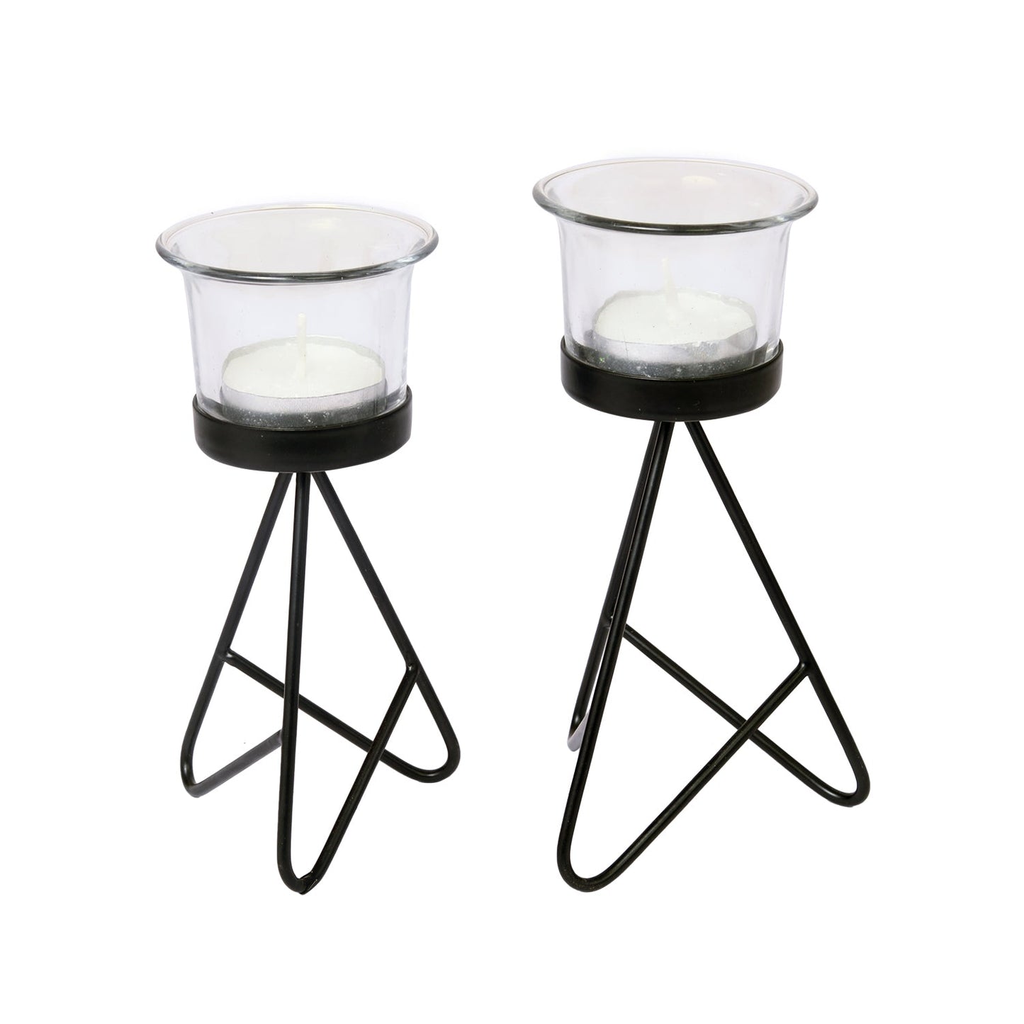 Hosley Metal Candle Holders with 2 Glass / Tealight Candle Holder for Home Decoration Dinning Table, Wedding Décor, Black, Pack of 2