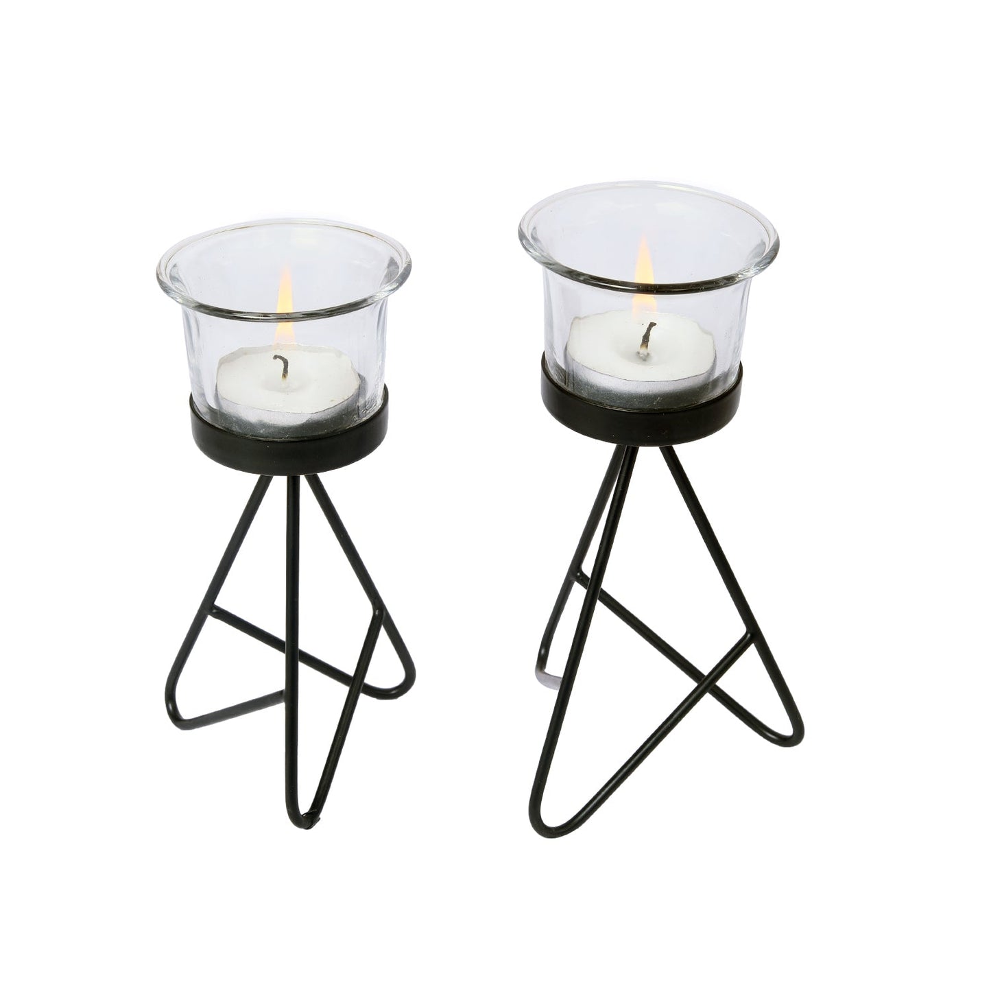 Hosley Metal Candle Holders with 2 Glass / Tealight Candle Holder for Home Decoration Dinning Table, Wedding Décor, Black, Pack of 2