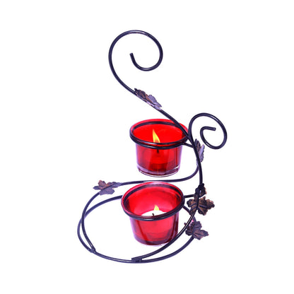 Hosley Black  Metal and Glass Tealight Candle Holder with Red Glass for Home Decoration, Pack of 1