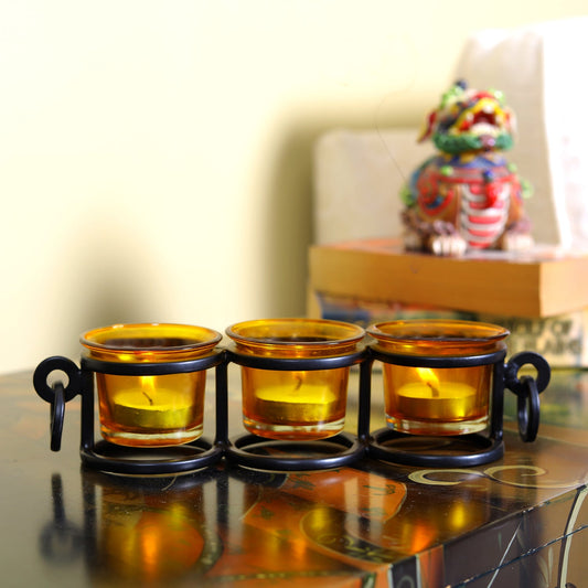 Hosley  Metal  Tealight Candle Holder with Beautiful Yellow Glasses  for Home Decoration, Center Table, Wedding, Pack of 1, Black