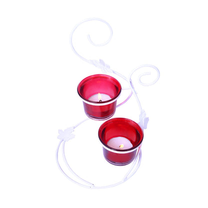 Hosley White Powdercoated Metal and Glass Tealight Candle Holder with Red Glass for Home Decoration, Pack of 1
