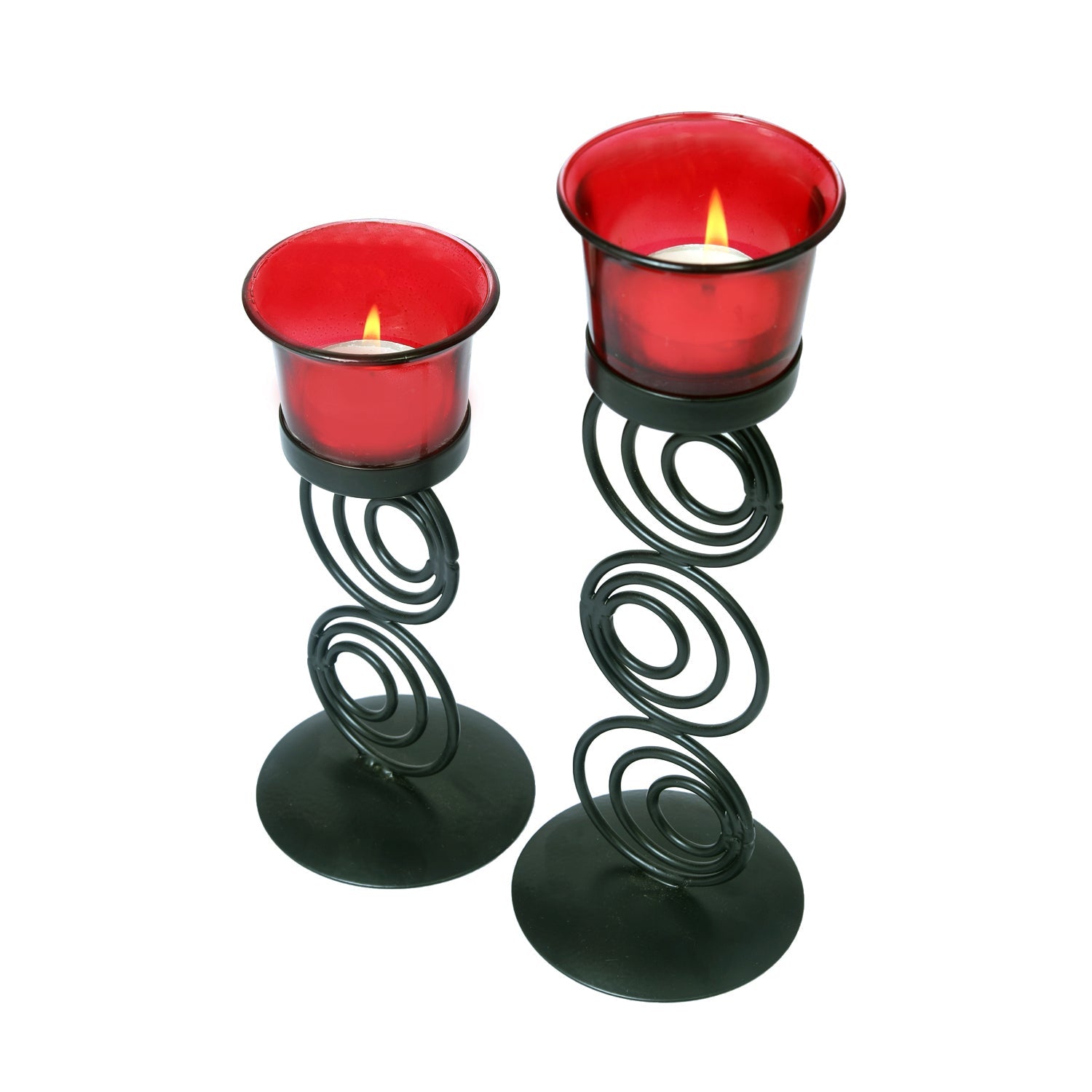Hosley Black powdercoated Metal Candle Holders with 2 Red Glass for Home Decoration Dinning Table Decoration Candle Wedding Décor, Pack of 2