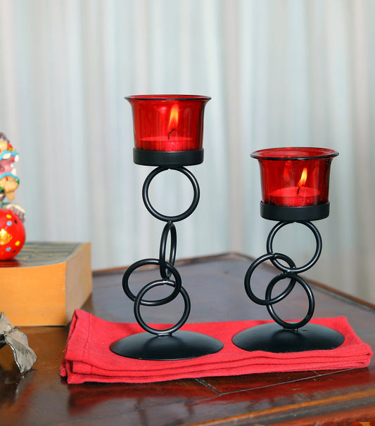 Hosley Tealight Candle Holders for Home Decoration, with 2 Red Glass |Best for  Home Decoration, Diwali Decoration Items,  Dining Table, Black, Pack of 2