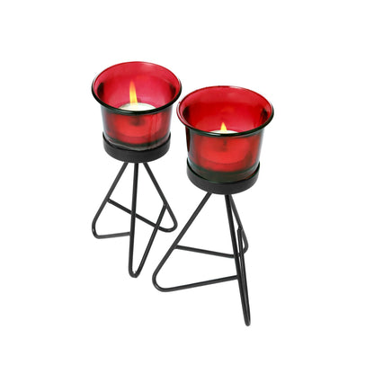 Hosley Metal Candle Holders with 2 Red Glass / Tealight Candle Holder for Home Decoration Dinning Table, Wedding Décor, Black, Pack of 2