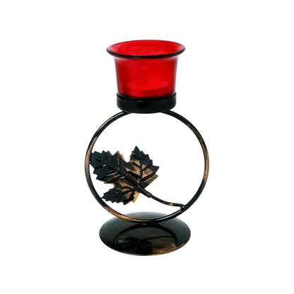 Hosley Metal Black and copper Tealight Candle Holder with Red Glass for Home Decoration Lightning Gifting, Pack of 1