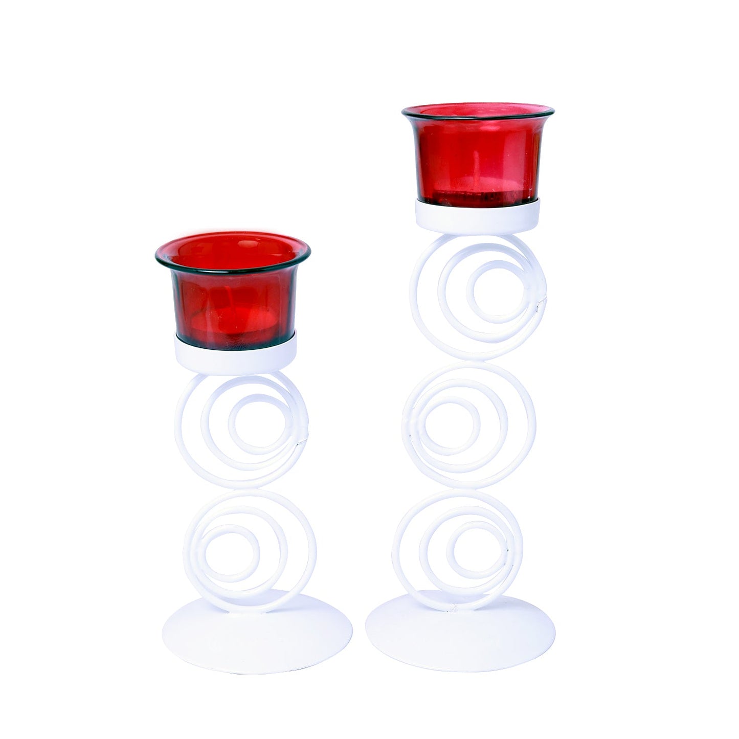 Hosley White Metal Candle Holders with 2 Red Glass for Home Decoration Dinning Table Decoration Candle Wedding Décor, Pack of 2