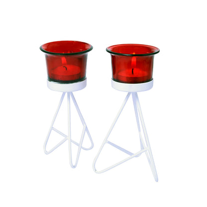 Hosley Metal Candle Holders with 2 Red Glass / Tealight Candle Holder for Home Decoration Dinning Table, Wedding Décor, White, Pack of 2