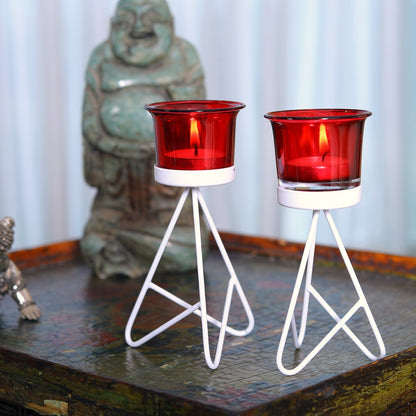 Hosley Metal Candle Holders with 2 Red Glass / Tealight Candle Holder for Home Decoration Dinning Table, Wedding Décor, White, Pack of 2