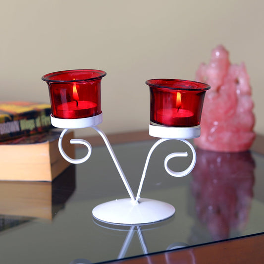 Hosley Decorative Tealight Candle Holder with 2 Red Glasses for Home Decoration, Pack of 1, White
