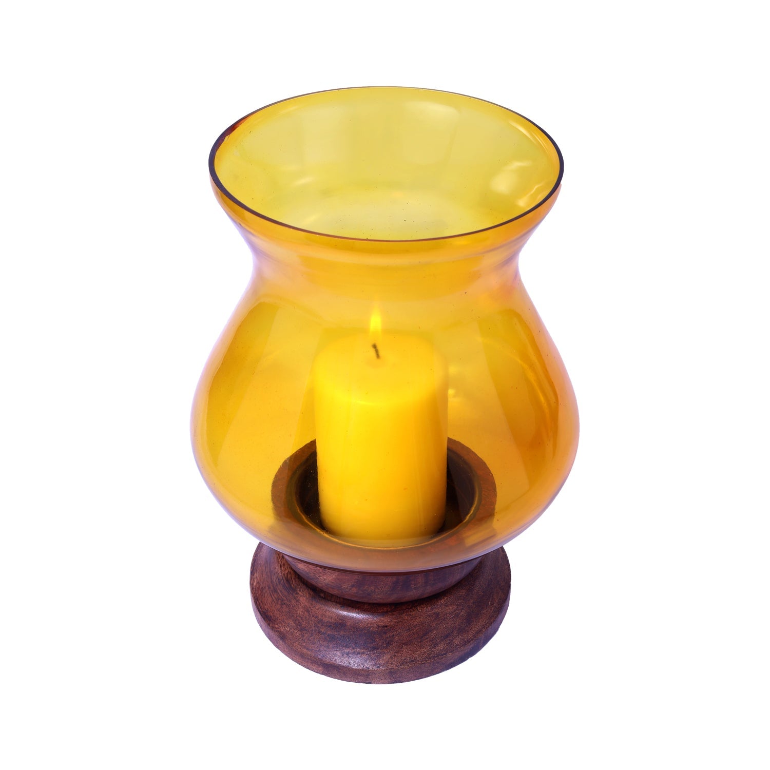 HOSLEY Pillar Candle Holder Beautiful Table Top Candle Holder with Pillar Candle made from Wood & Glass, Yellow, Pack of 1