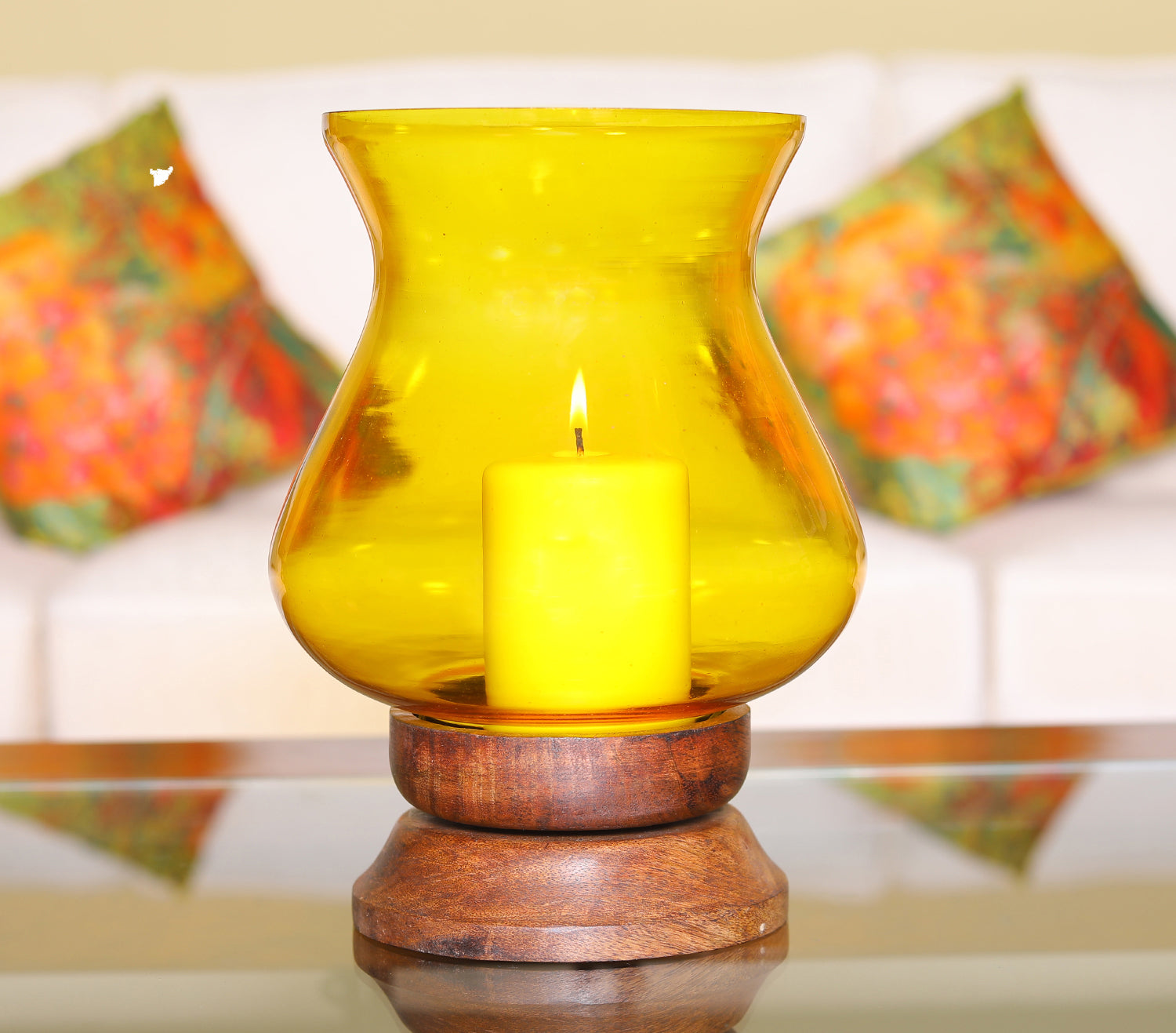 HOSLEY Pillar Candle Holder Beautiful Table Top Candle Holder with Pillar Candle made from Wood & Glass, Yellow, Pack of 1