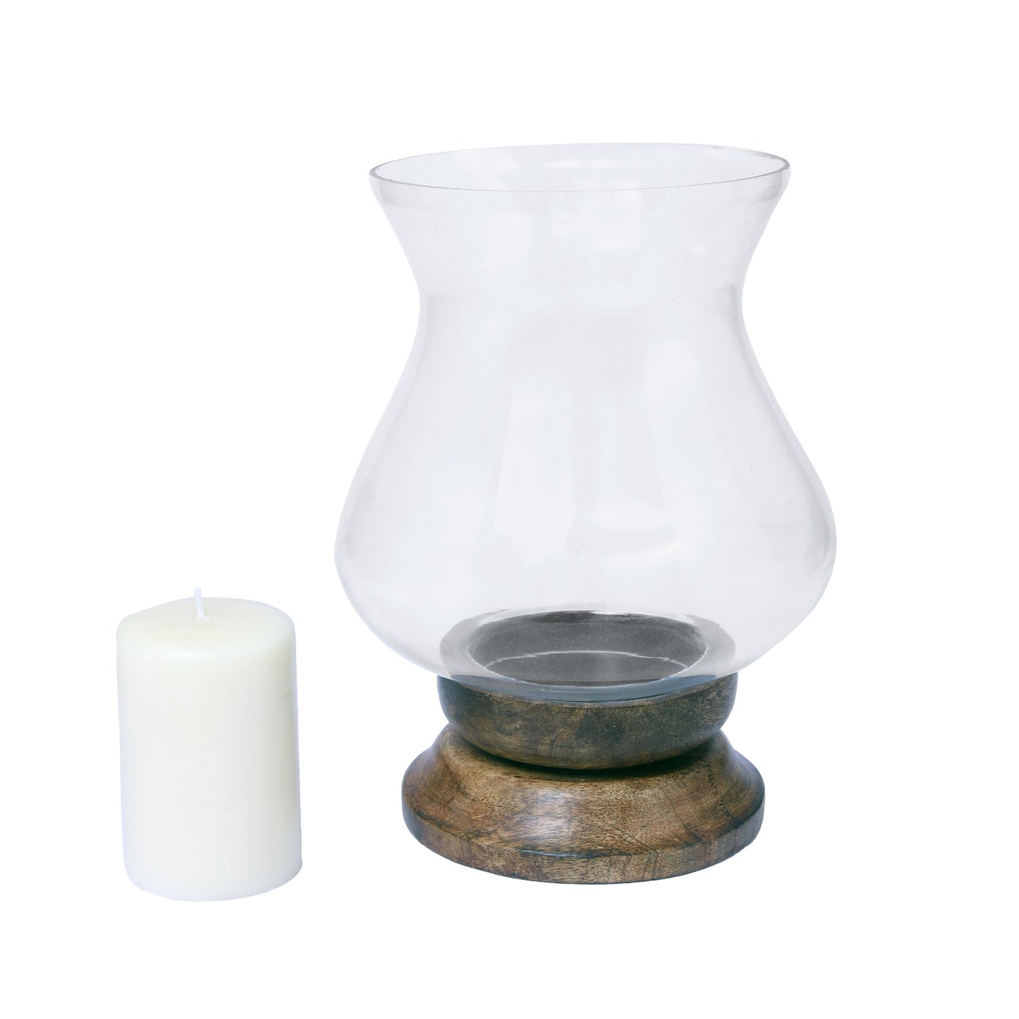 HOSLEY Pillar Candle Holder Beautiful Table Top Candle Holder with Pillar Candle made from Wood & Glass, Clear, Pack of 1