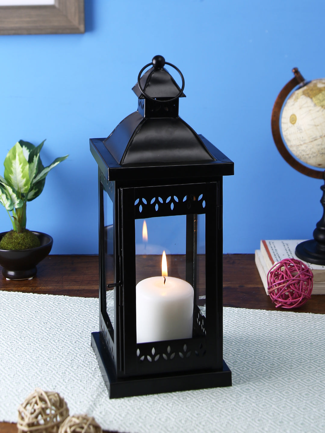 Hosley Black Decorative Lantern with Free Pillar Candle