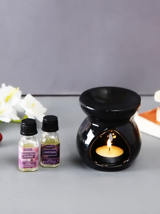 Hosley Ceramic Black Aroma Oil Warmer/ Oil Diffuser with Oil Bottles and Tealight For Gifting / Home Fragrance
