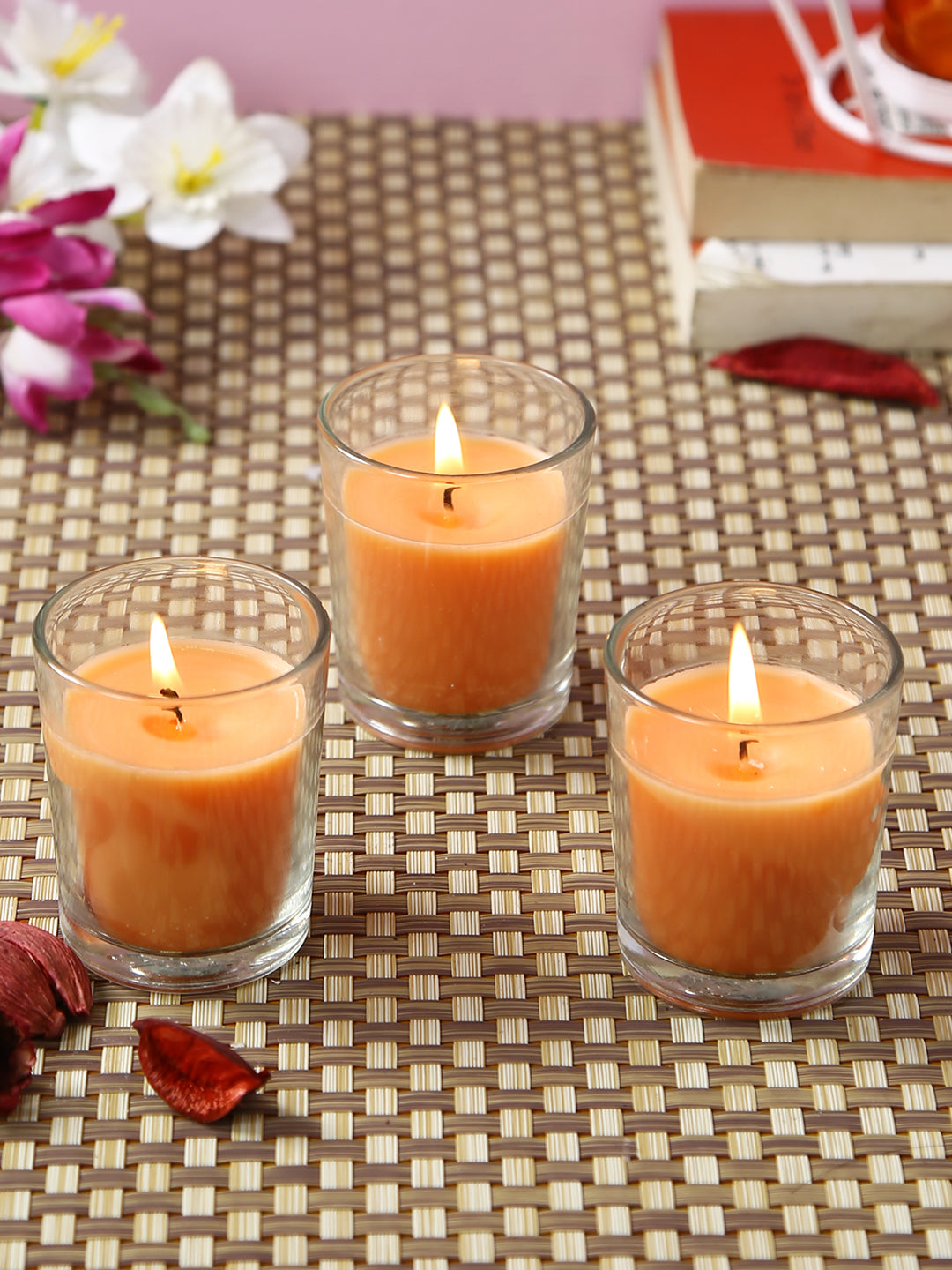 Set of 3 Hosley® Highly Fragranced Tropical Mist Filled Glass Candles. 1.6 Oz wax each
