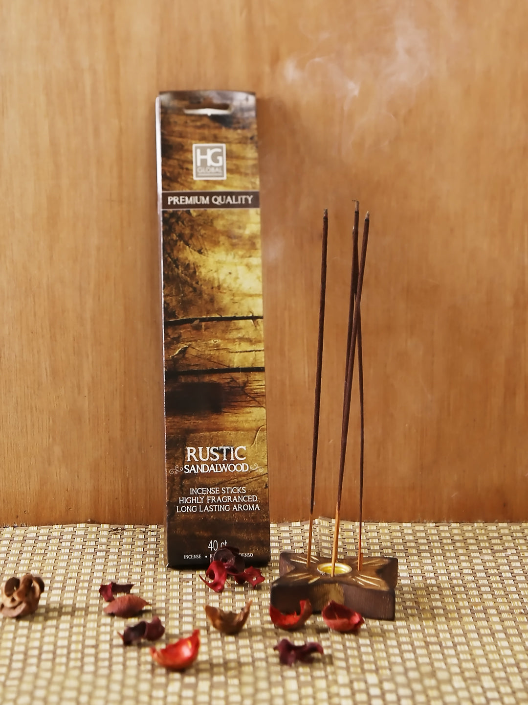 Set of 240 Highly Fragranced Hosley® Rustic sandalwood Incense Sticks (packed in forty piece count boxes) with bonus Decorative Butterfly Shaped Wooden Holder