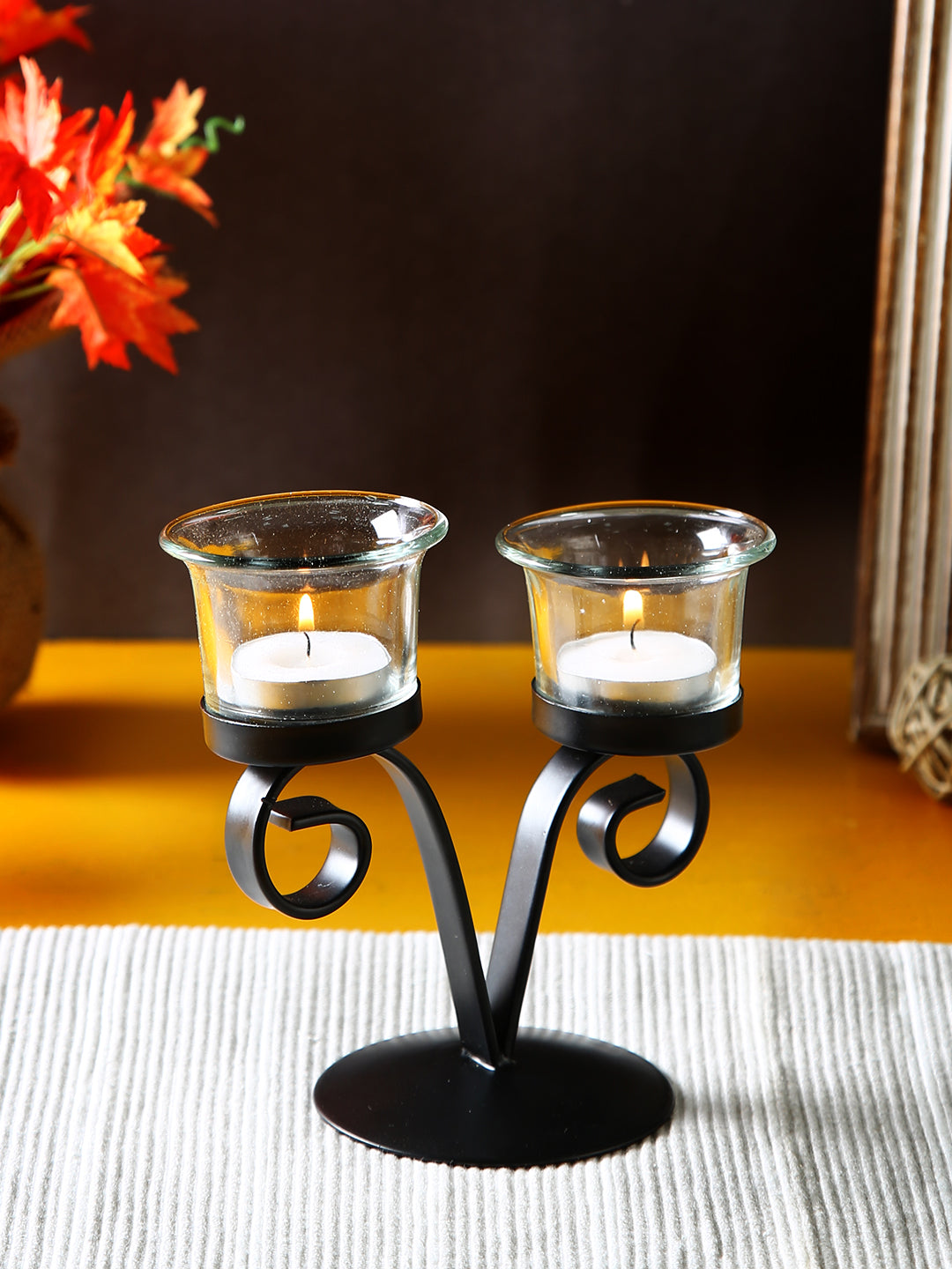 Hosley V shape Decorative Tealight Holder with 2 Clear Glasses