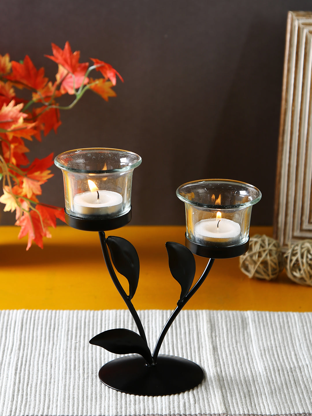 Hosley Trendy Leaves Tealight Holder with 2 Clear Glasses