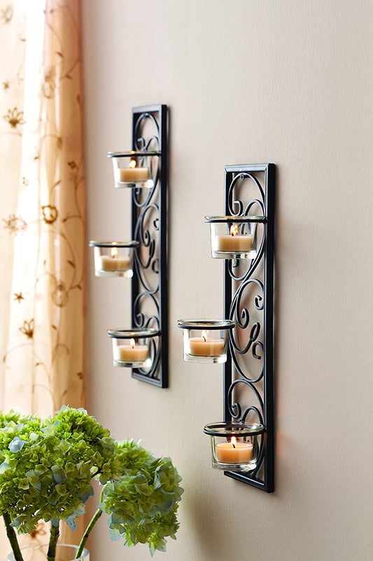 Hosley Set of 2 Wall Hanging Tealight Candle Holder Metal Wall Sconce with Glass Cups and Tealight Candles for for Home Decoration (Set of 2)