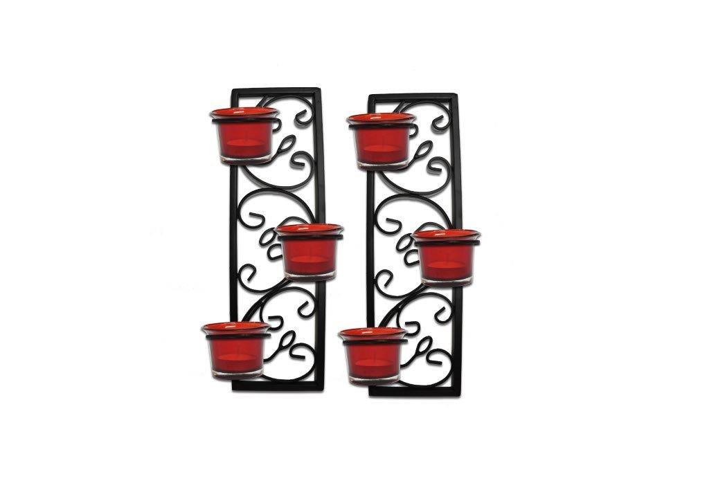 Hosley Black & Red Set of 2 Wall Hanging Tealight Candle Holder Metal Wall Sconce with Glass Cups and Tealight Candles for Home Decoration