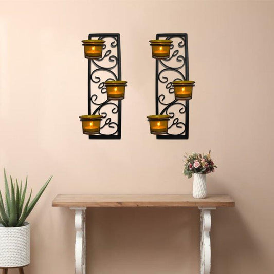 Hosley Black & Yellow Set of 2 Wall Hanging Tealight Candle Holder Metal Wall Sconce with Glass Cups and Tealight Candles for Home Decoration