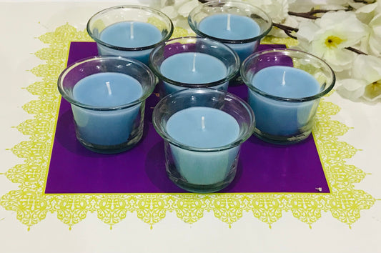 Hosley Highly Fragranced Carribean Breeze Filled Votive Glass Candles / Decoration Candles, Pack of 6, Blue