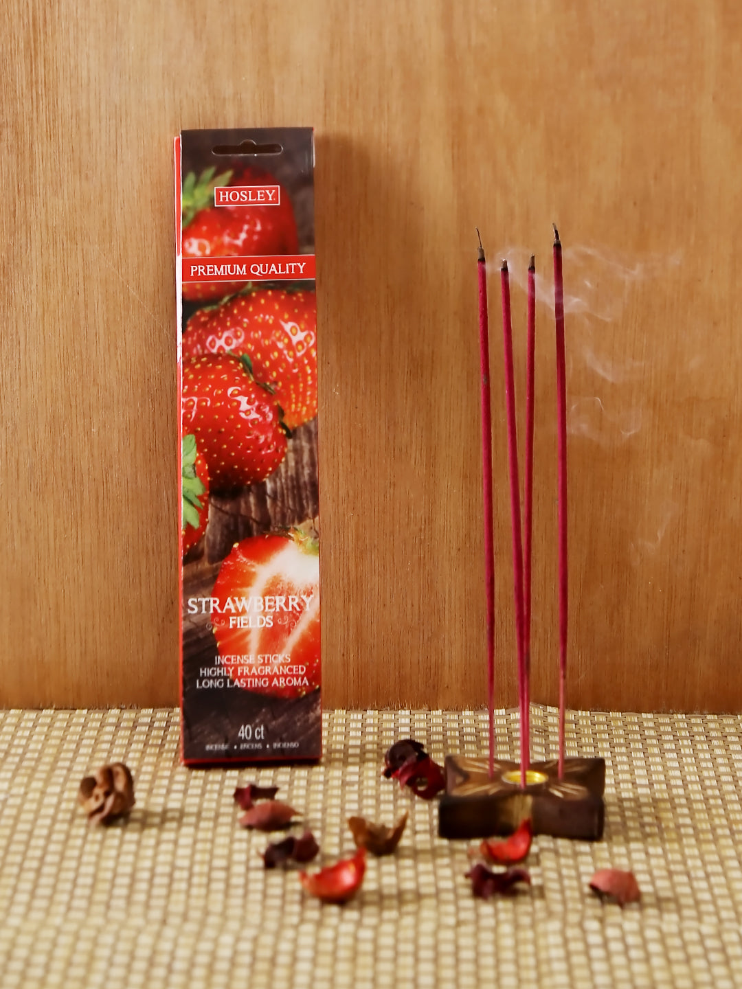 Set of 240 Highly Fragranced Hosley® Strawberry Incense Sticks (packed in forty piece count boxes) with bonus Decorative Butterfly Shaped Wooden Holder