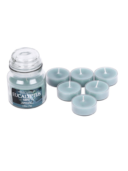 Hosley® Eucalyptus Mint Highly Fragranced, 2.65 Oz wax, Jar Candle with Pack of 6-Pieces Scented Tealights