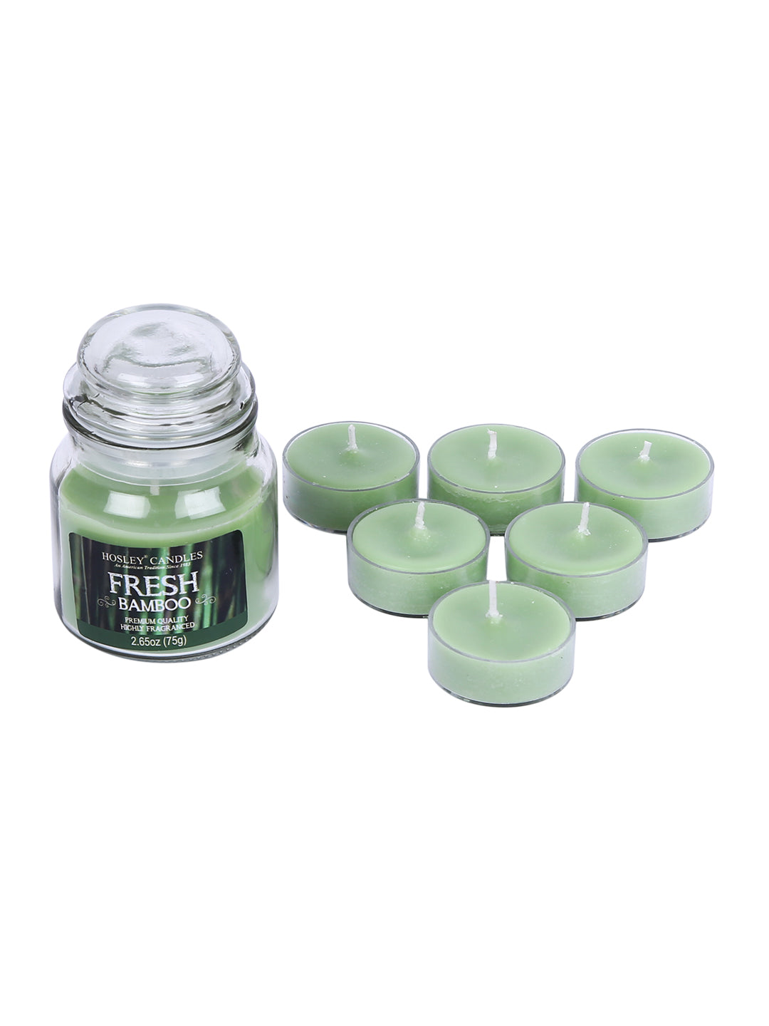 Hosley® Fresh Bamboo Highly Fragranced, 2.65 Oz wax, Jar Candle with Pack of 6-Pieces Scented Tealights