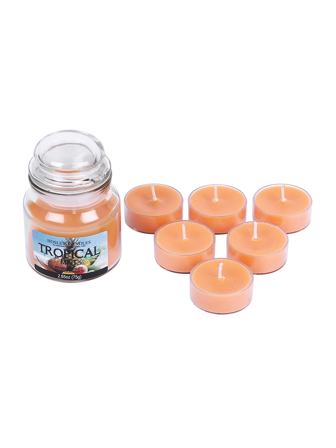 Hosley® Tropical Mist Highly Fragranced, 2.65 Oz wax, Jar Candle with Pack of 6-Pieces Scented Tealights