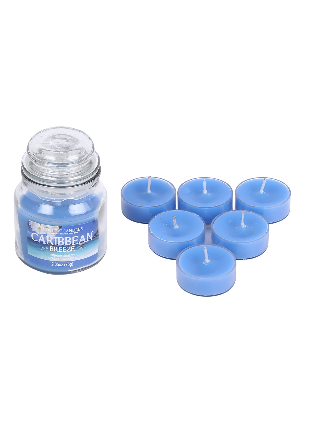 Hosley® Caribbean Breeze Highly Scented, 2.65 Oz wax, Jar Candle with Pack of 6-Pieces Scented Tealights